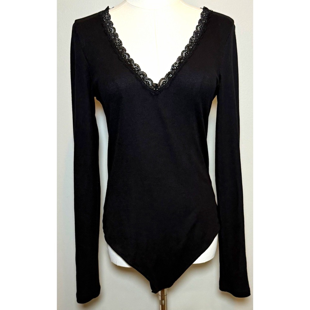 American Eagle Outfitters Black Long Sleeve Lace Trim V-Neck Waffle Bodysuit L
